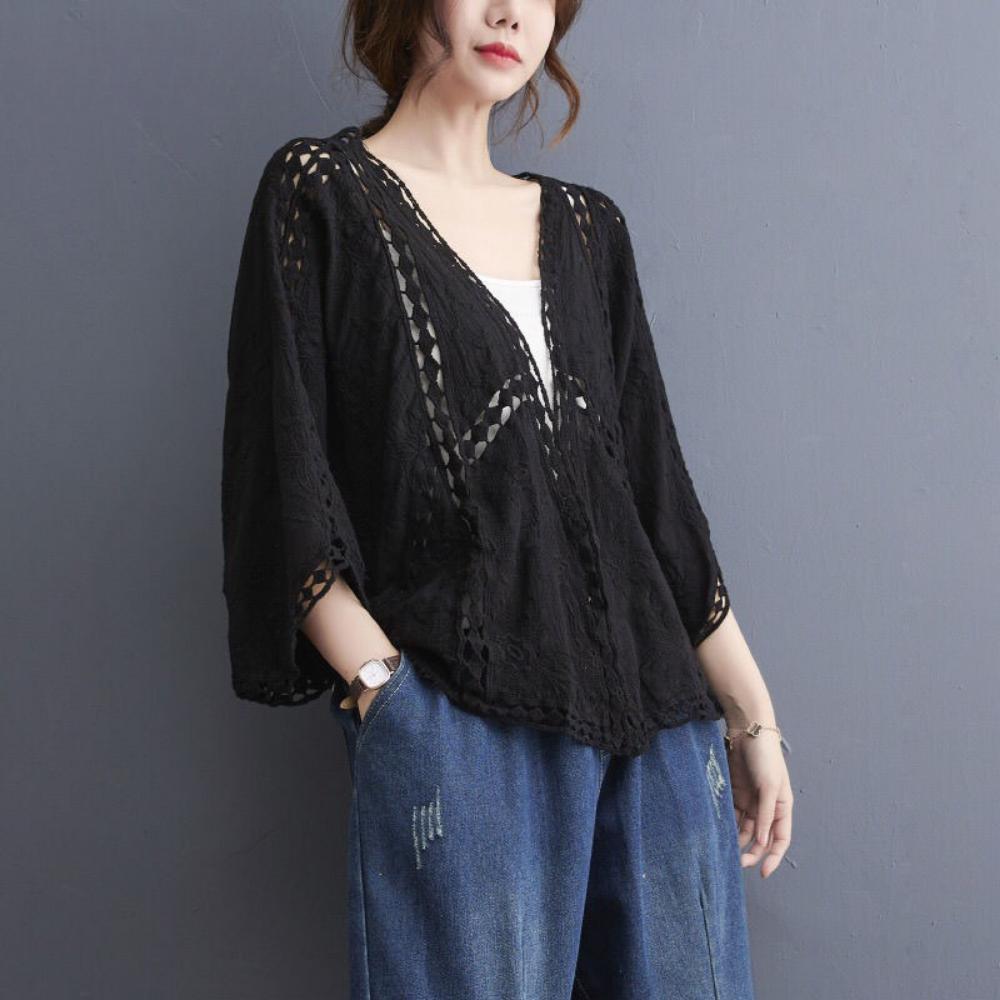 DX- MS64-Frühling und Sommer Baumwolle Stickerei Spitze Strickjacke kurze Fledermausärmel lose Schal 7 geteilte Ärmel Klimaanlage Sonnenschutz Kleidung Abdeckung weiblich