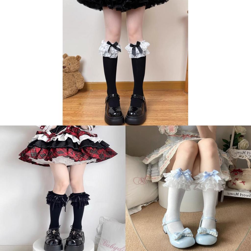 Lolita-Stil Baumwoll-Kniestrümpfe mit schwarzer Schleife für Herbst, Winter, tägliches Tragen