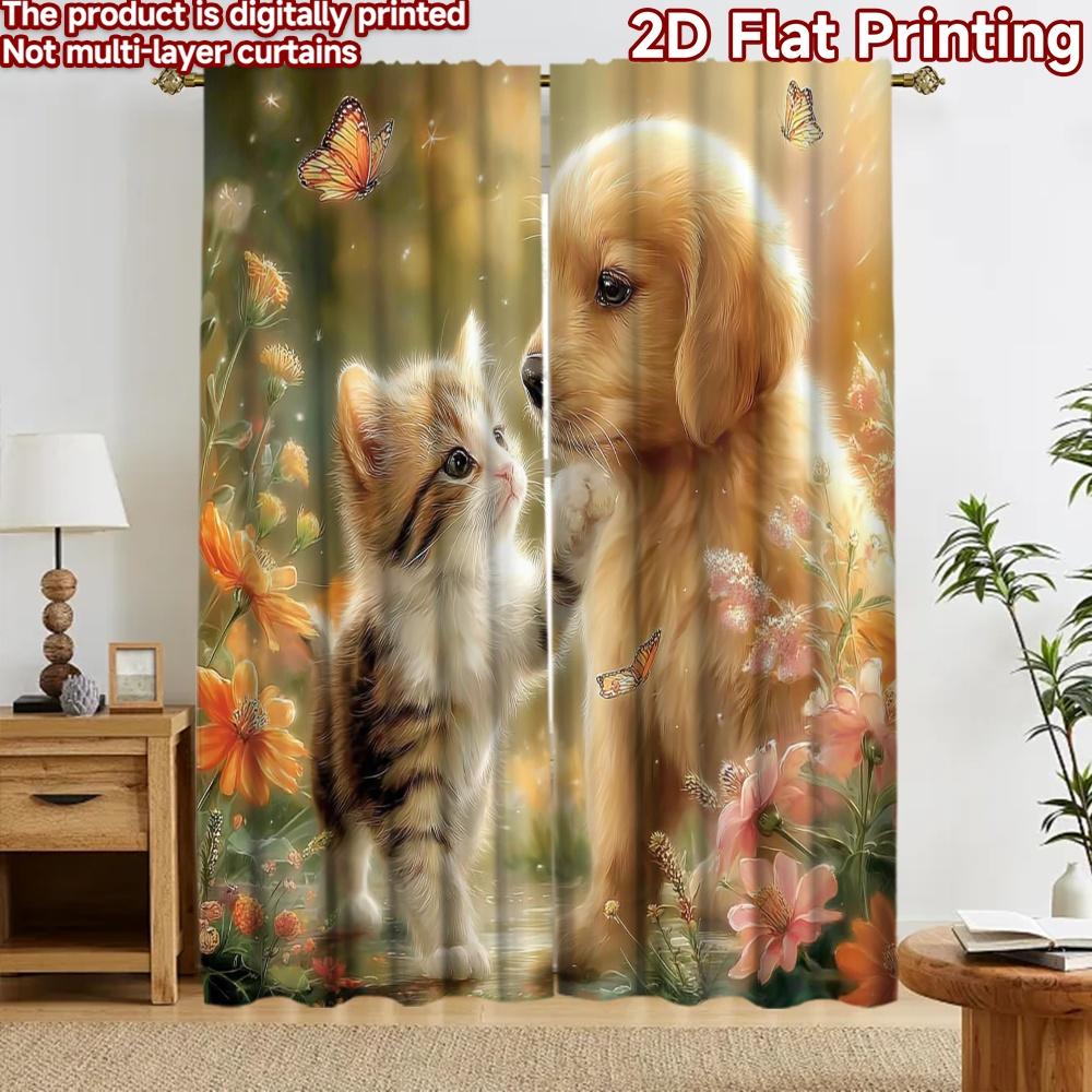 2D Flat Printing 2pcs Curtain Curtains Spring Puppy and Kitten Digital Printed Polyester Drapes Festive Curtains Use for Holiday