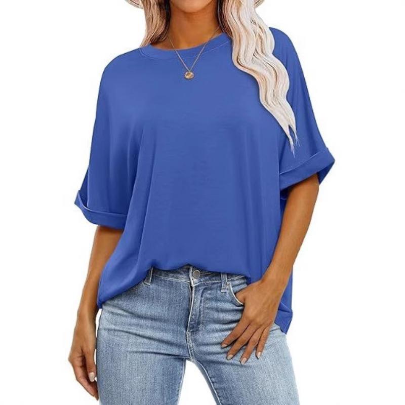 Women Black Loose T Shirt With Rolled Short Sleeves And Round Neck Casual Summer Top