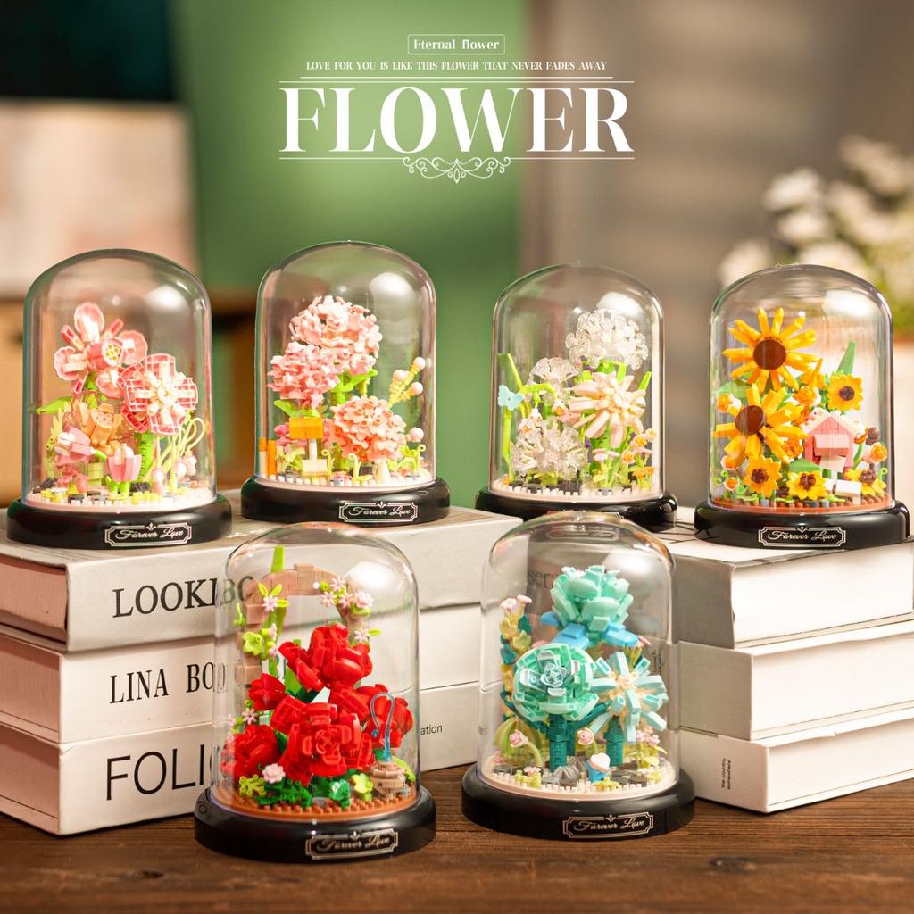 Rose Flower Bouquet Building Block Eternal Bonsai Dust Cover Model Kit Plastic Plant Brick Home Decor Mother's Day Birthday Gift