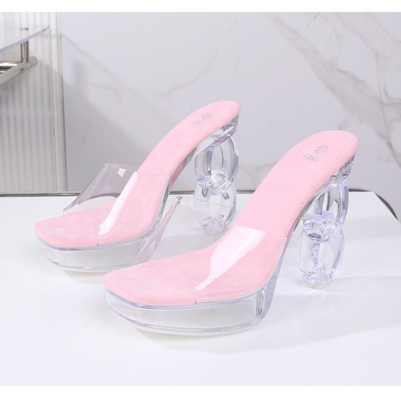 New 12CM Fashion Wedding Sexy Car Model Transparent Nightclub Crystal Square Head Non-slip Slippers