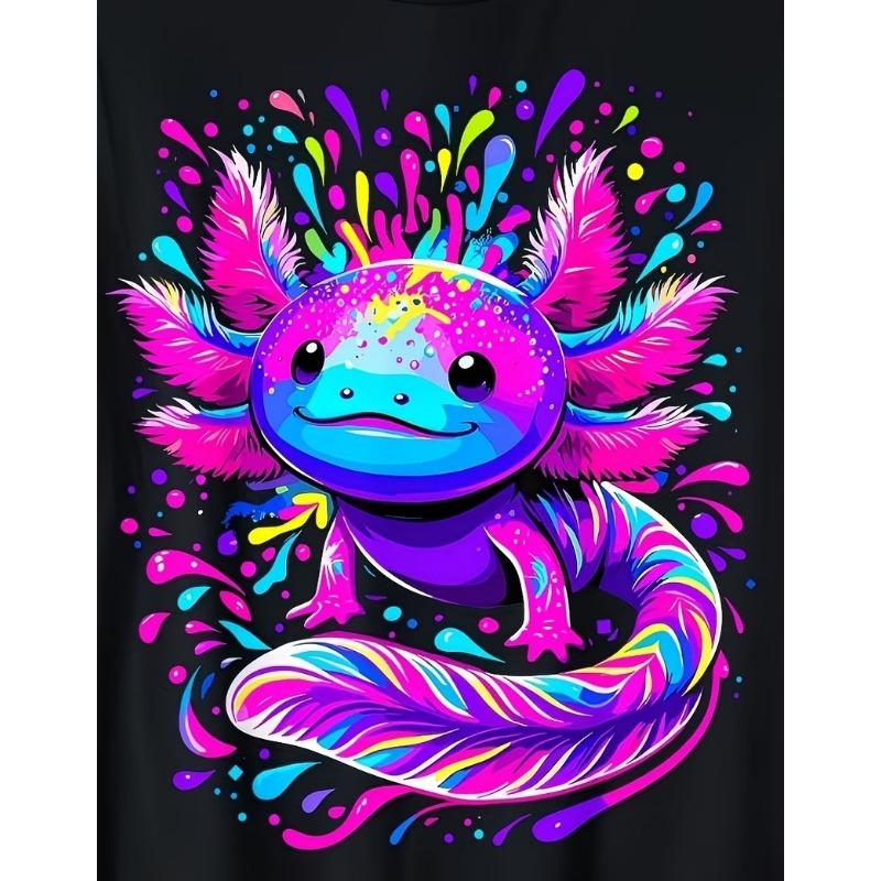 Boys Summer Crew Neck Short Sleeve T-Shirt with Neon Glow-in-the-Dark Axolotl Print