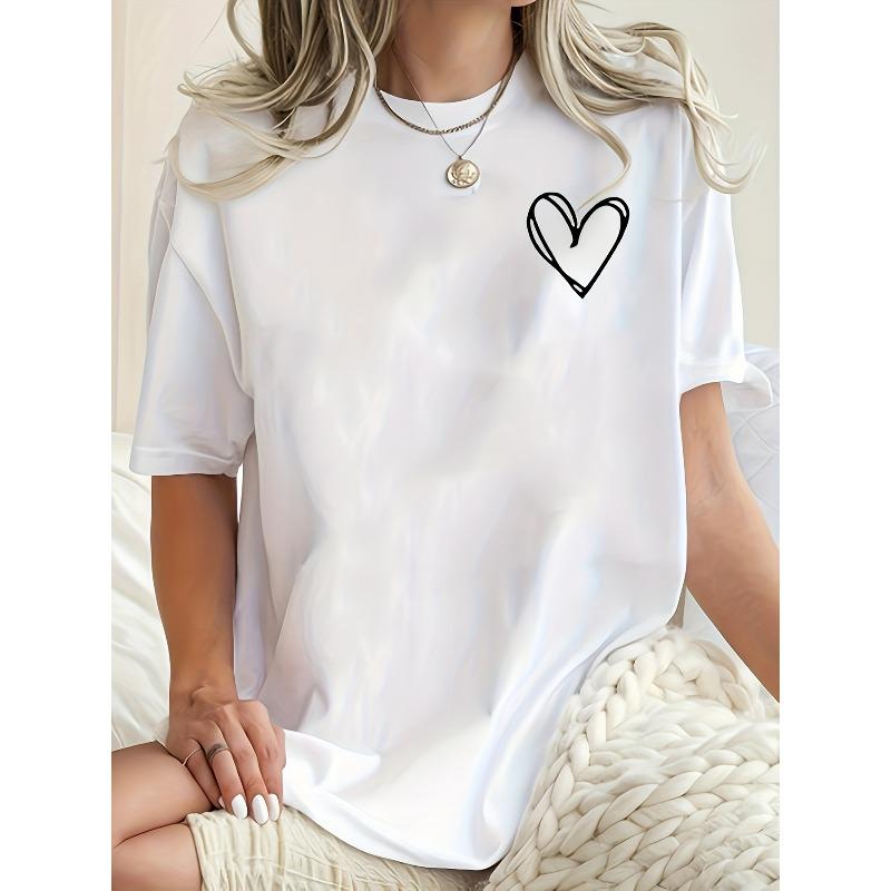 European sizes Women's Plus Size Oversized White Short Sleeve T-Shirt - Heart Print Round Neck Blouse, Loose Fit Casual Summer, Machine Washable