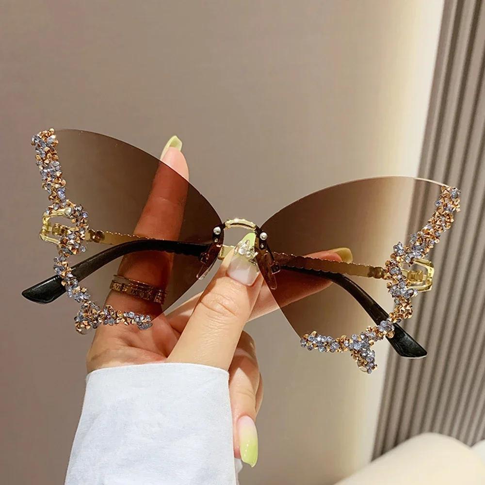 Luxury Diamond Butterfly Sunglasses Women Vintage Rimless Oversized Sun Glasses Ladies Eyewear Gafas De Sol