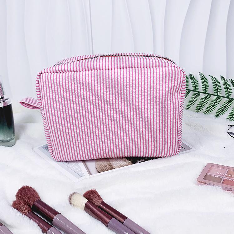 Striped Seersucker Cosmetic Bag - Indian Style Travel Toiletry Pouch