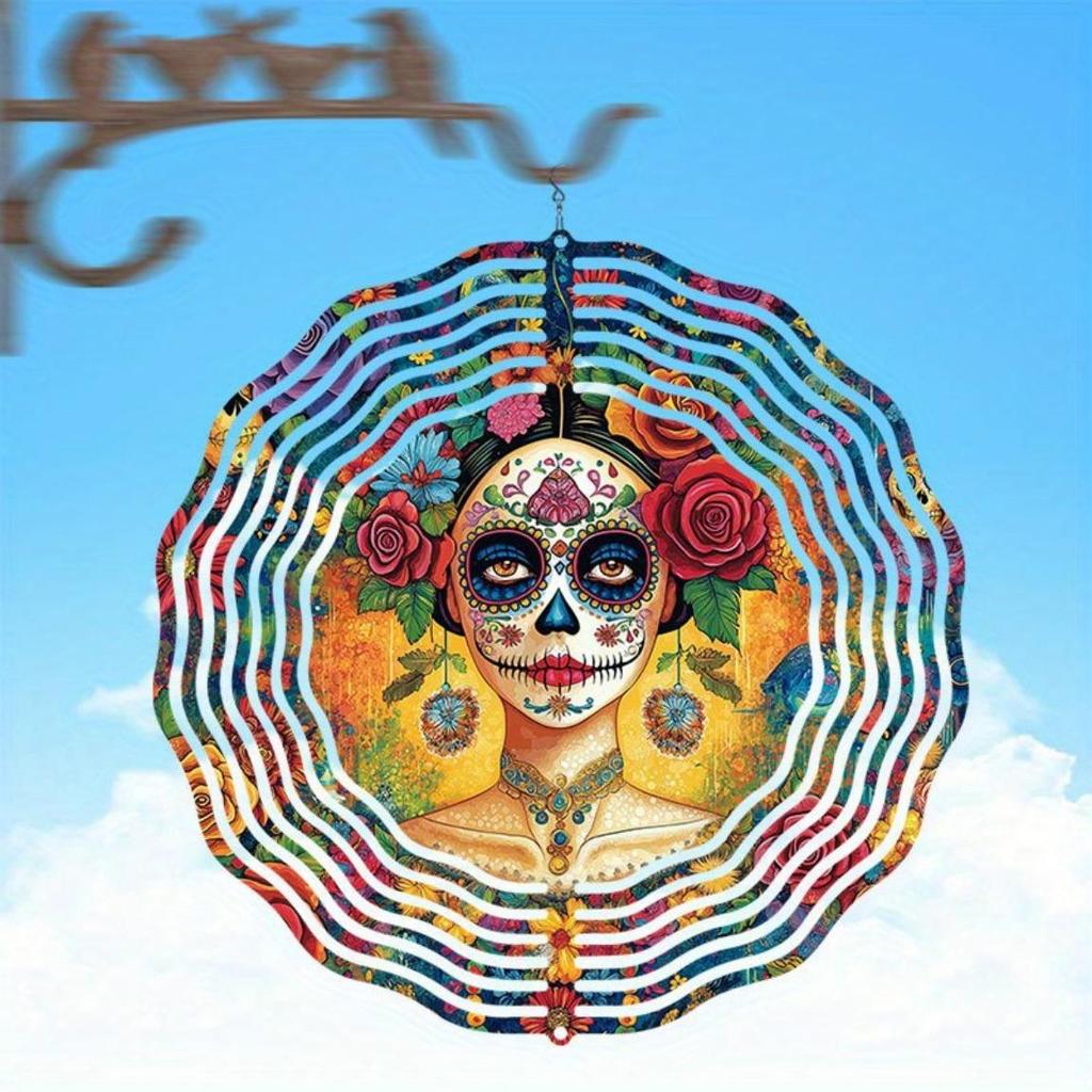 Vibrant Day of the Dead Skull Wind Chime Colorful Metal Outdoor Hanging Decor with Floral Patterns for Garden Patio Gift Decorative Garden Art