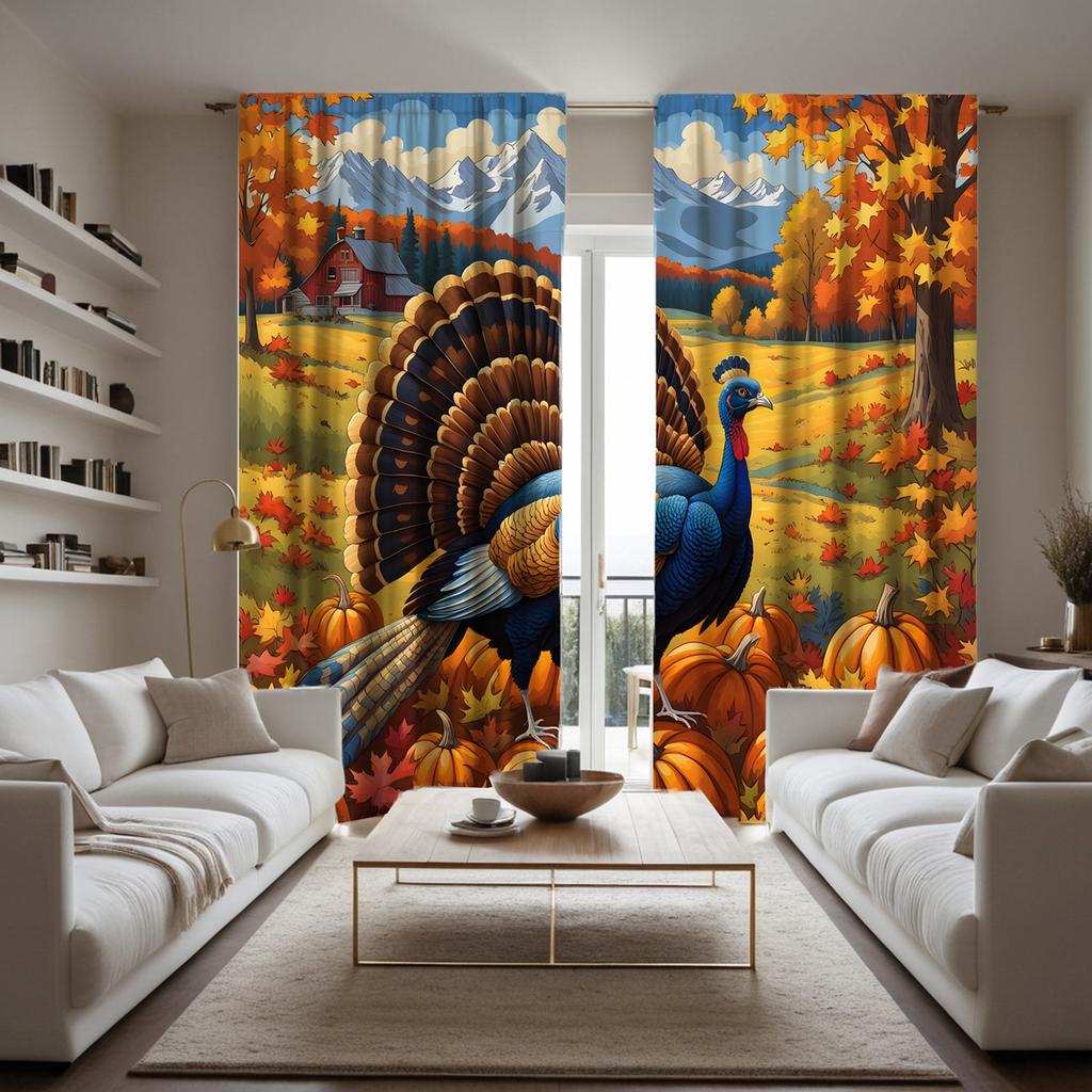2pcs Set HD Harvest Festival Garden Pumpkin Maple Flower Peacock Decorative Curtain Yellow Tie Digital Printed Curtain Home D