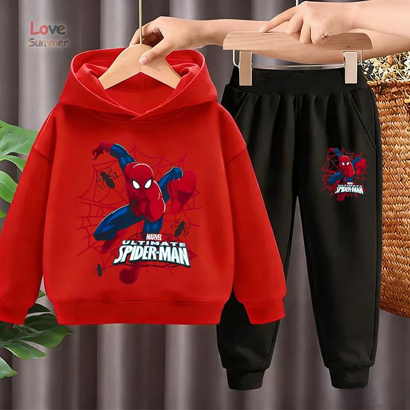 Marvel Kids HoodieS+pants 2piece Sets Spider Man Hooded Pant Set Kids Cosplay Anime Pullover Sweatshirt Children Clothes 4-14Y