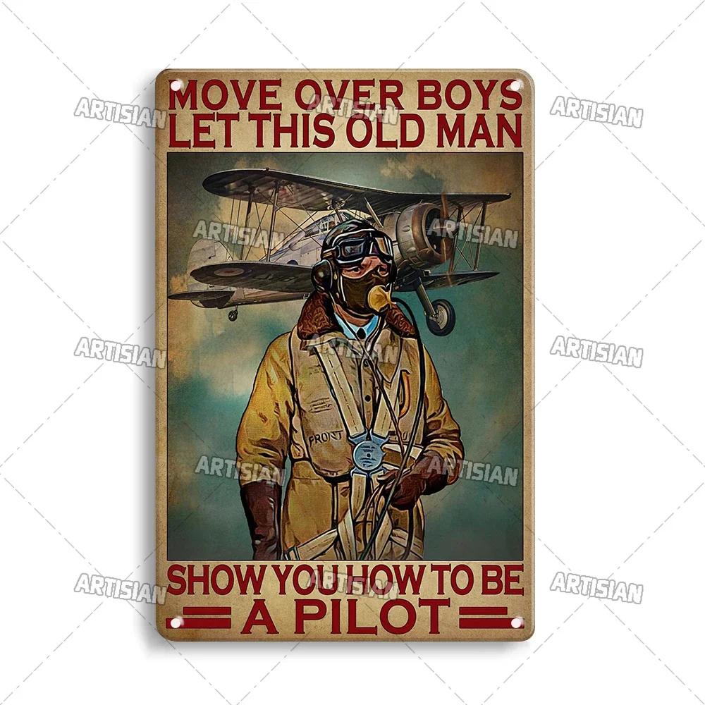 Artificial Male Pilot and Airplane Decorative Plate Vintage Metal Poster Man Cave Home Wall Decor Sign