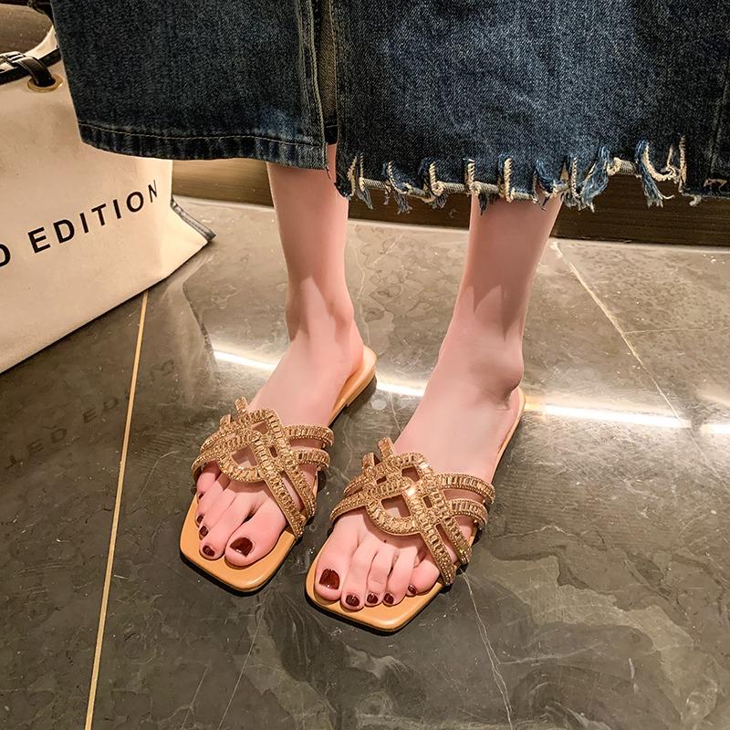 Womens Summer Fashion Square Head Open Toe Women's Slippers  New Rhinestone Hollow Beach Women's Flat Shoes Mujer Zapatosa