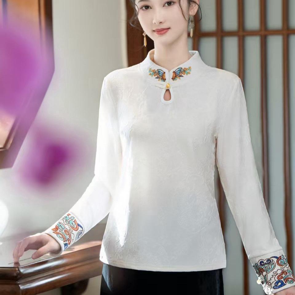 2025 Retro Chinese Frog Button Slimming Embroidered Long Sleeve Top for Middle-Aged and Elderly Mothers