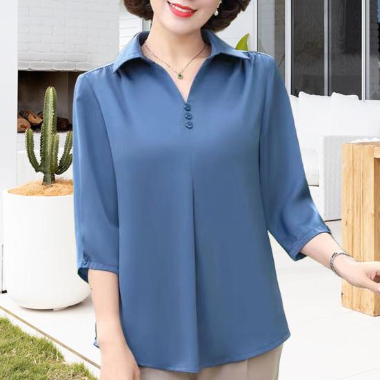 Women Shirt Buttoned Lapel Half Sleeve Pullover Tops Solid Color Loose Fit Breathable Lightweight Shirt Daily Wear