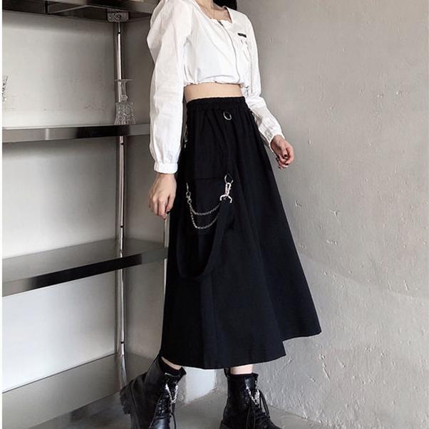 Summer Streetwear Cargo Skirt Women Casual Black High Waist Loose Female Style A-line Skirt