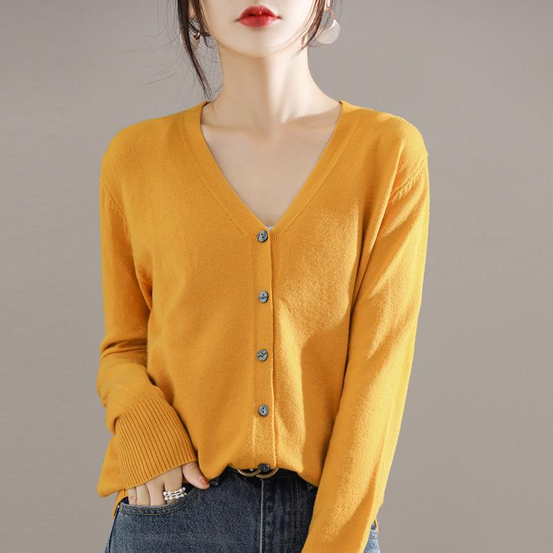 Autumn Winter Thin V Neck Knit Cardigan Women Solid Loose Long Sleeve Sweater Layer Top