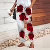 Women Flower Printing Pants Lace Up Elastic Waist Loose  Trousers Casual Long Pants Trousers with Pockets