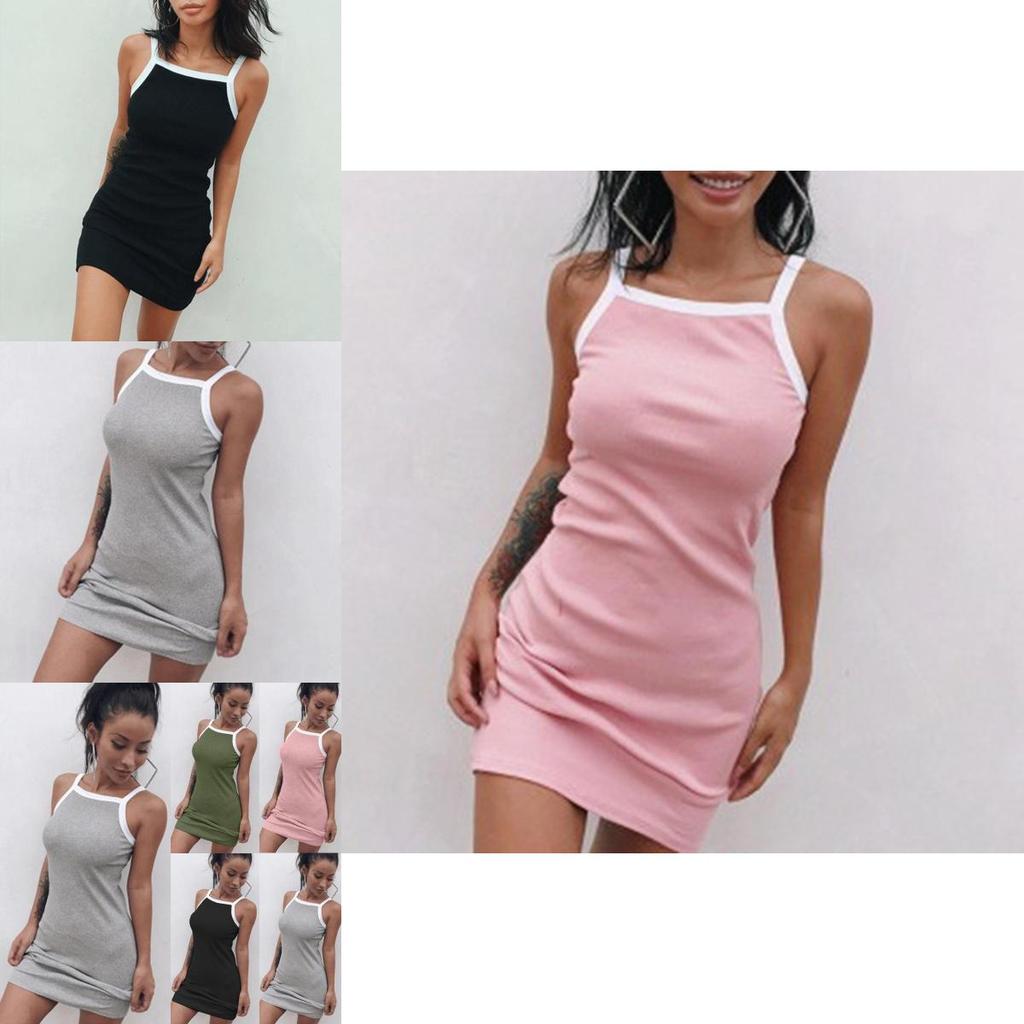 Vestido de Verano Casual Sexy para Mujer Sin Mangas de Tirantes Corto Ajustado Mezcla de Algodón Estilo