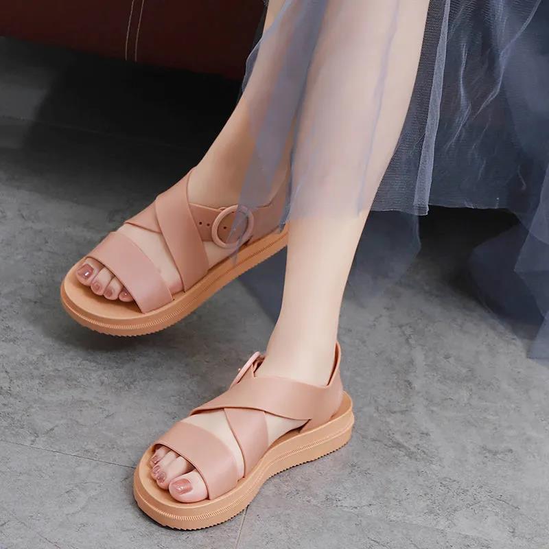 Sommer Frauen Schuhe Einfarbig Dicke Flache Sohle Outdoor Sandalen Anti-rutsch Einfache Casual Licht Kühlen Sandalen