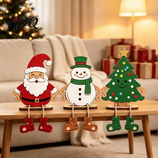 Tiered Tray Christmas Decor 3Pcs 2D Wooden Hanging Ornaments Cartoon Santa Snowman Tree Figurines Indoor Seasonal Table with Leg Design Holiday
