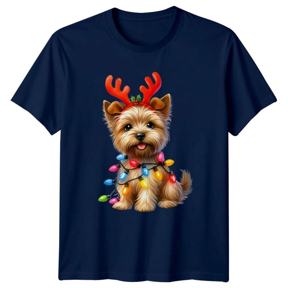 Christmas Yorkshire Terrier Dog Reindeer Antlers Lights Unisexs TShirt Unisexs Tee
