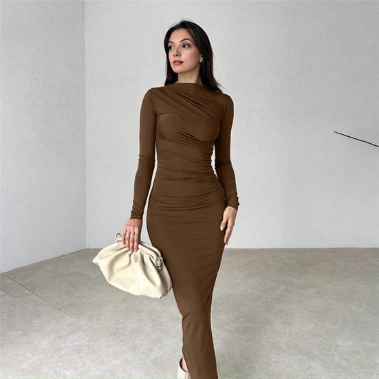 Bodycon Dress for Women Mock Neck Long Sleeve Midi Dress Ruched Slim Fit Party Cocktail