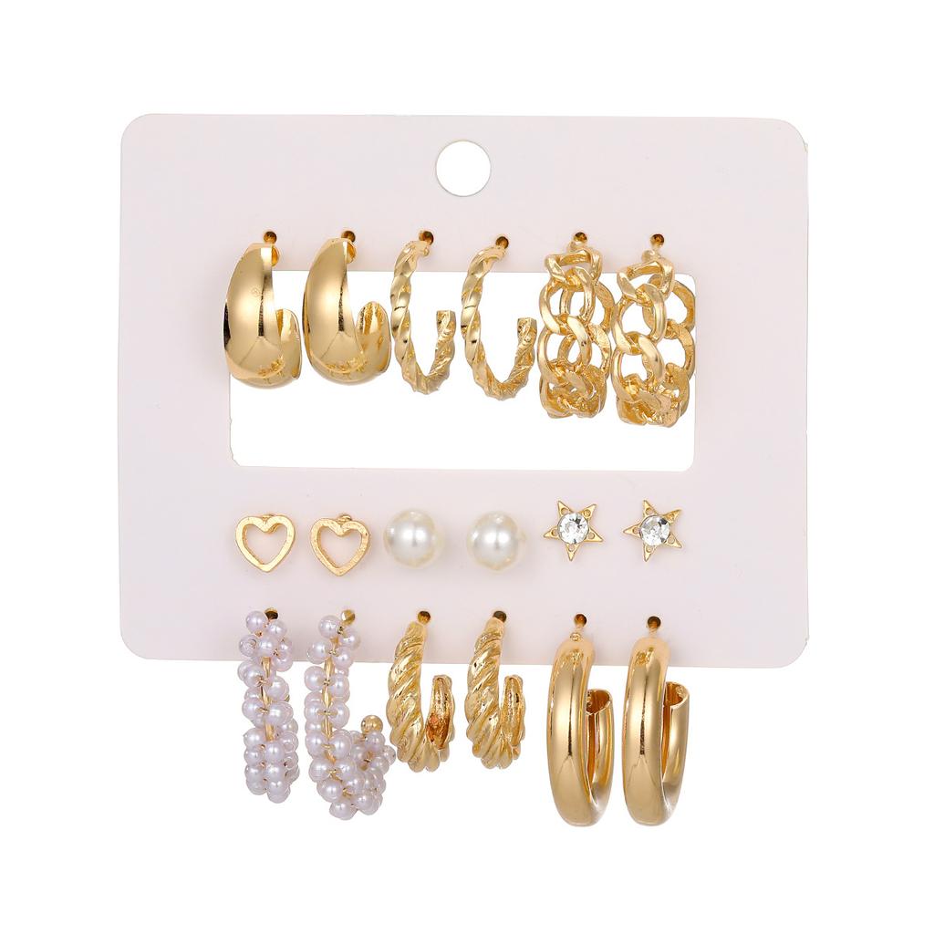 New Simple Earrings Creative Personality Fashion Inlaid Rhinestone Large Circle Earrings Set 9 Pairs of Earrings Women
