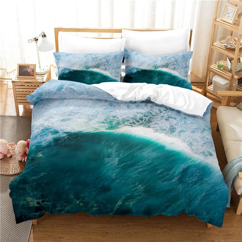 Dekbedovertrek Zee Golf King/Queen Maat 3D Blauwe Oceaan Spray Golven Beddengoedset voor Kinderen Tieners, Azuur Zeewater Zacht Dekbedovertrek