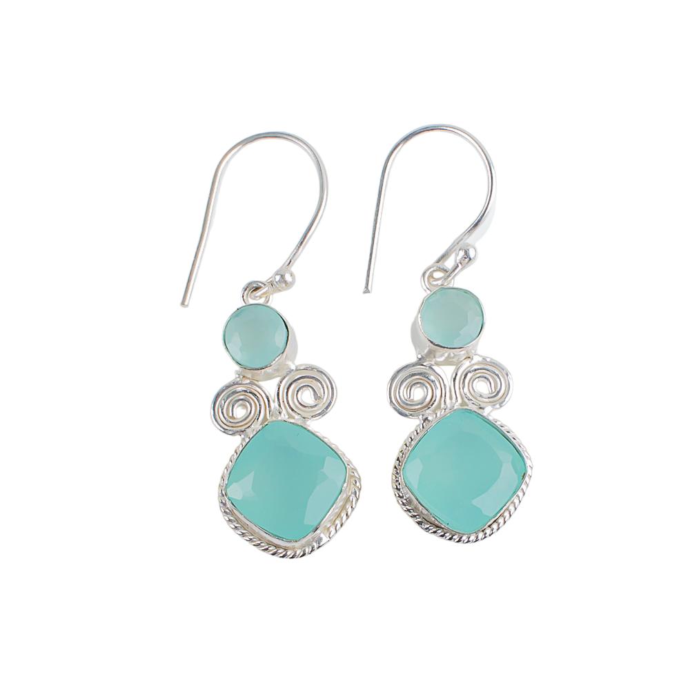 Aqua Chalcedony Gemstone 925 Sterling Silver Handmade Jewelry Earrings 1.12" EE-69-14