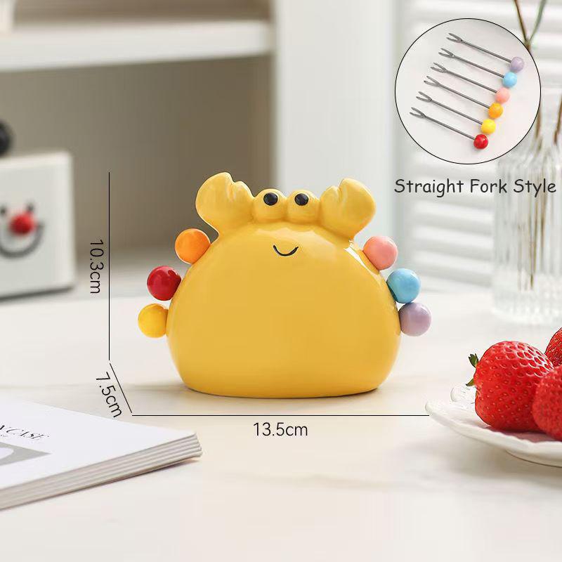Crab Fruit Fork Set With Ceramic Holder - Stainless Steel Dessert Forks & Cute Storage Jar Kit