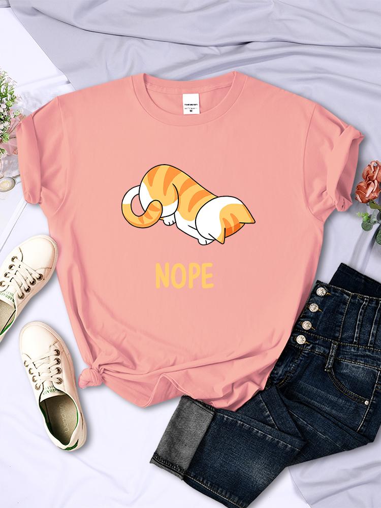 Den lilla orange katten bugar sitt huvud och vägrar Tryckta T-shirts Dam Roliga Tecknade Serier Korta Ärmar Mjuk Sommar T-shirt Kvinna