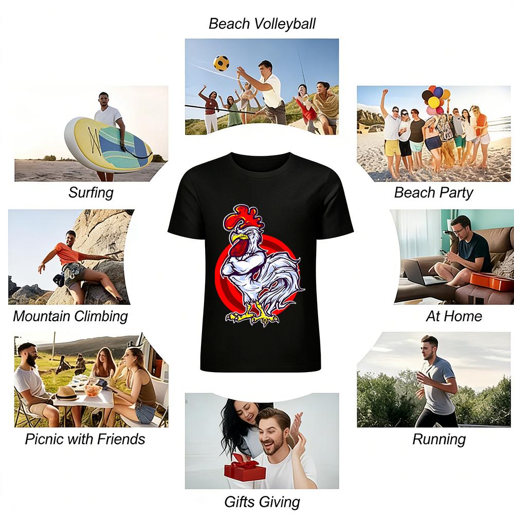 T-shirt Casual Unisexe Tendance à Manches Courtes en Coton Pur avec Impression de Coq Musclé Cool