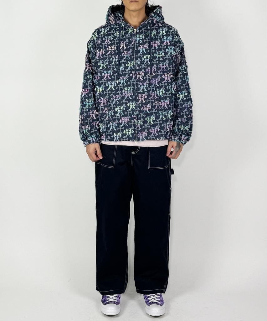 A Made Jacquard Embroidered Denim Oversized Zip-Up Hoodie (Indigo)