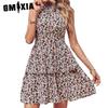 Moda Feminina Verão Primavera Estampa Floral Sem Mangas Halter Slim Sem Costas Vestidos Casuais