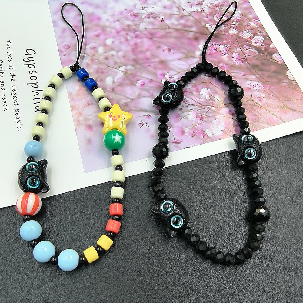 "Monster Cat Mobile Phone Beaded Wrist Lanyard with Anti-Fall Pendant"