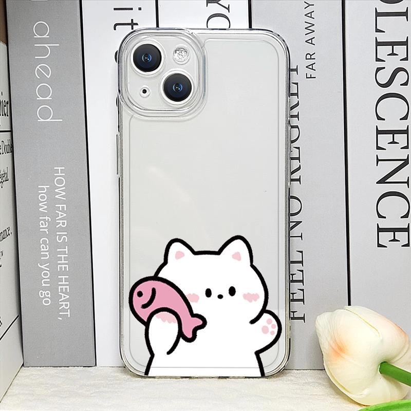 Lustiges Cartoon Katzen Fisch Paar Passendes Handyhülle für IPhone 16 15 14 11 12 13 Pro Max 7 8 Plus Mini XS XR Klares Weiches Cover Fundas