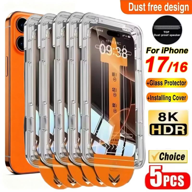 5KS Ľahko inštalovateľné ochranné sklá pre iPhone 17 ProMax/17 Pro/17 Air/17 Tvrdené sklo Ochranná fólia proti poškriabaniu pre iPhone 17