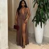 European and American Style Women's Solid Color Dress Sexy Sleeveless Deep V-neck Slit Temperament Casual Waist Skirt