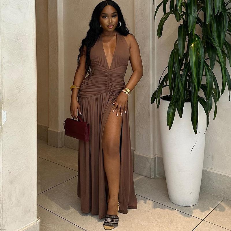 European and American Style Women's Solid Color Dress Sexy Sleeveless Deep V-neck Slit Temperament Casual Waist Skirt