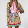 Spring New Women Printed Long-Sleeve Shirt Top + Pleated Skirt Two-Piece Set For Women