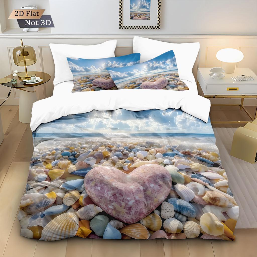 Starfish Shells Beach Ocean Digital Printed Duvet Cover Set with Pillowcases Flannel Bedding Collection, Soft Cozy Breathable