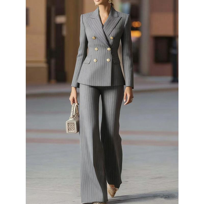 VEZFAA Women's Fashion Casual Spring Autumn Stripe Print Long Sleeve POLO Neck Trousers Pants Suits