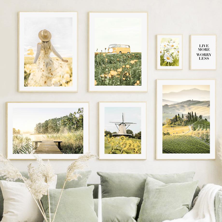 Gänseblümchen, Sonnenblume, Zitrone, Reihenhaus, Mädchen, Auto, Wandkunst, Leinwand, Malerei, nordische Poster und Drucke, Wandbilder für Wohnzimmer-Dekor