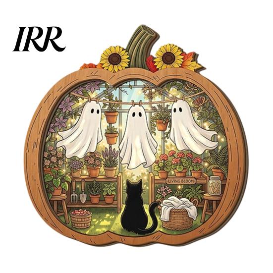 Autumn Pumpkin Table Decor Halloween Ghost Wooden Tabletop Ornament, 2D Flat Cute Reading Bathing Fall Harvest Home Decoration Watering Plaque