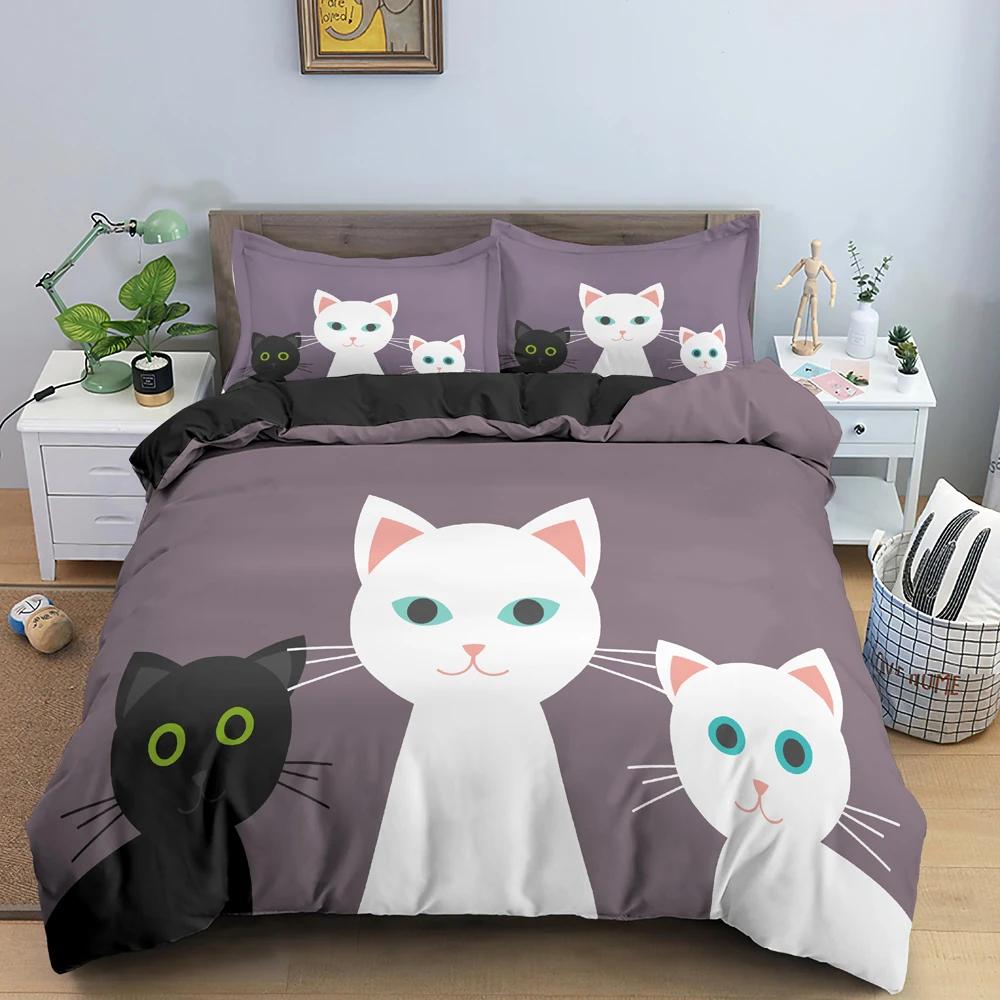 Cartoon Cat Duvet Cover Kawaii Black Kitty For Kids Teens Women Girls Pet Animals Polyester Quilt Cover For Bedroom Decoration