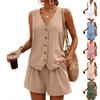 Women's V-Neck Sleeveless Single Breasted Vest and Shorts Casual Set