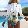 Women Long Sleeve One Piece Swimsuit Zip Front Rose Flower Print Rash Guard Surfing Bathing Suit