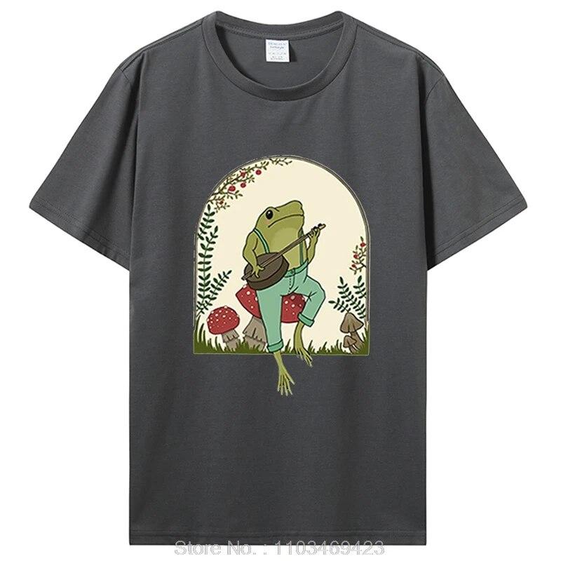 Süße Cottagecore T-Shirts Ästhetischer Frosch spielt Banjo auf Pilz T-Shirt Unisex Baumwolle Grafik T-Shirt Unisex Kleidung Oversized