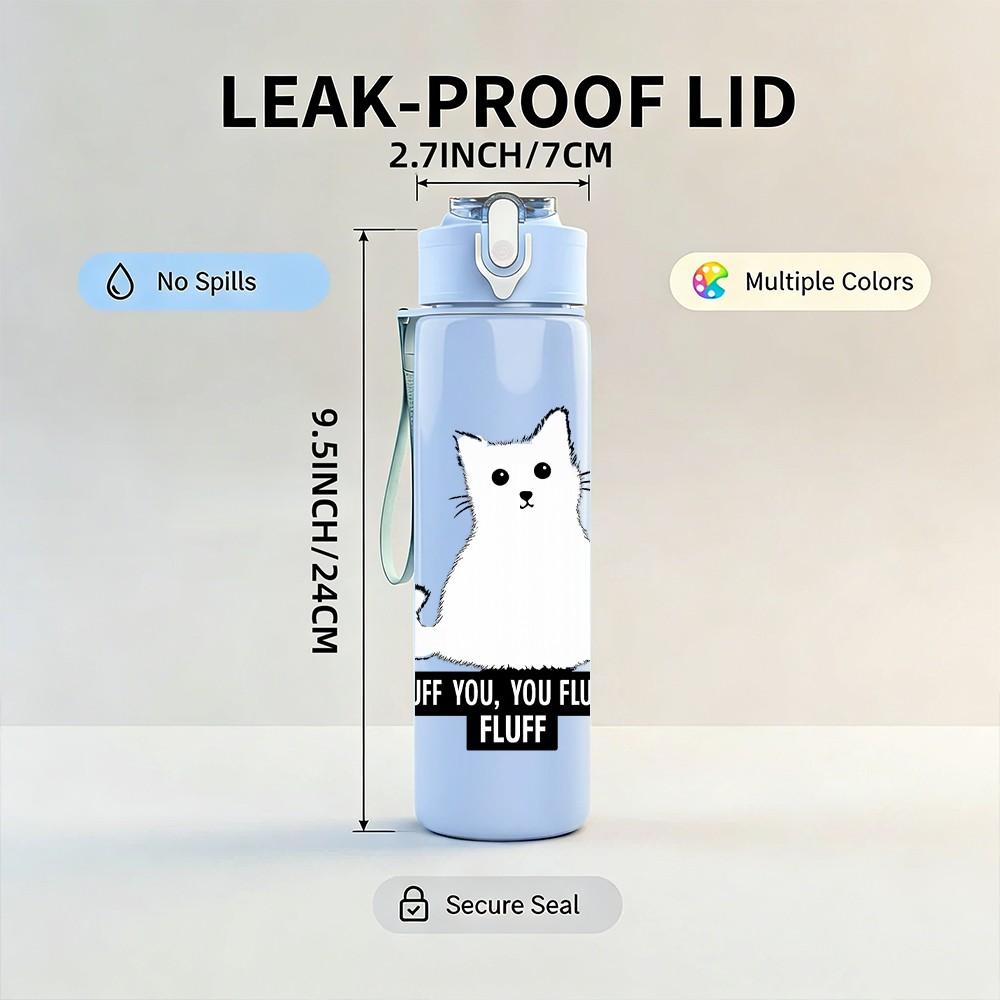1PC White Cat Not Today Print 750ml Color Plastic Sports Water Bottle Leakproof Flip Straw Lid Suitable for Sports Office Home Use