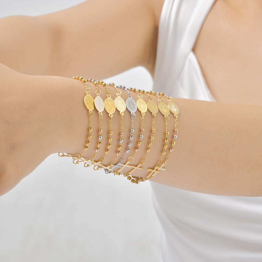 Three-color Holy Rosary Cross Bracelet for Women,Round Bead Stainless Steel Gold Color Bracelet,Virgin Mary Christianity Jewelry