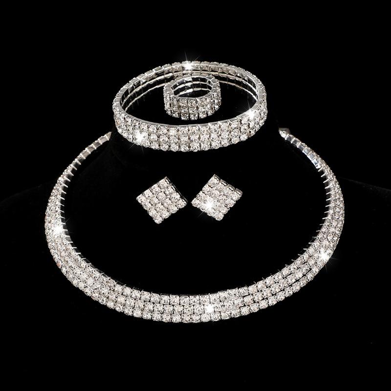 3/4Pcs Full Diamond Necklace Earrings Ring Bracelet  Hollow Diamond Necklace Bridal Set